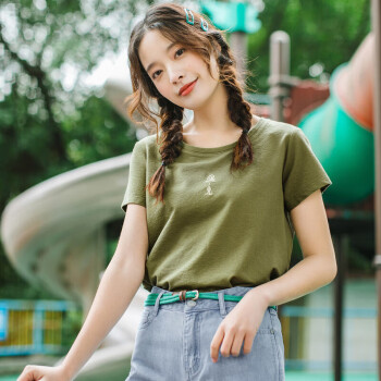 茵曼夏季文艺绣花复古休闲百搭显瘦短袖T恤女18225|013草绿色-1L	