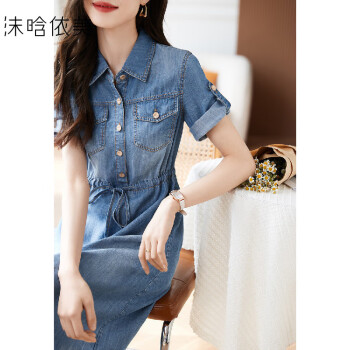 【抽绳牛仔衬衫连衣裙】2023夏季新款休闲时尚轻薄显瘦连衣裙牛仔蓝色M	